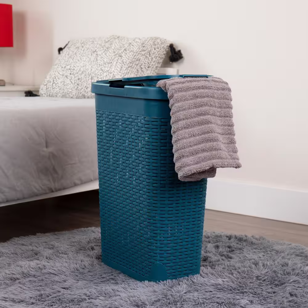 Mind Reader Basket Blue Slim Laundry Hamper 40 Liter (15kg/33lbs) Capacity Attached Hinged Lid Set of 2