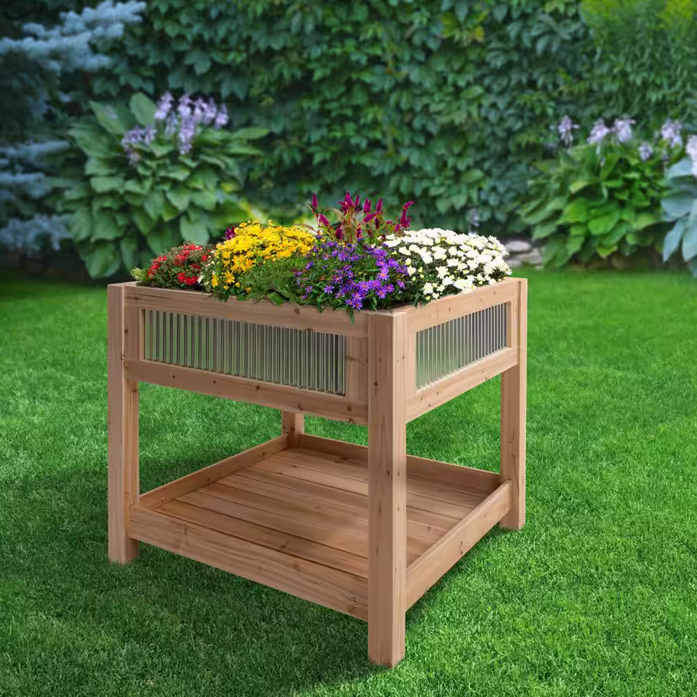 Outdoor Essentials Contemporary 3 ft. x 3 ft. Corrugated Metal and Cedar Elevated Garden Planter with Shelf (Tool Free)