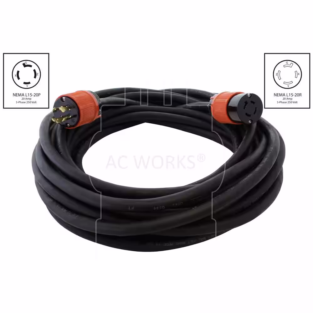 AC WORKS 25 ft. SOOW 12/4 NEMA L15-20 20 Amp 3-Phase 250-Volt Industrial Rubber Extension Cord