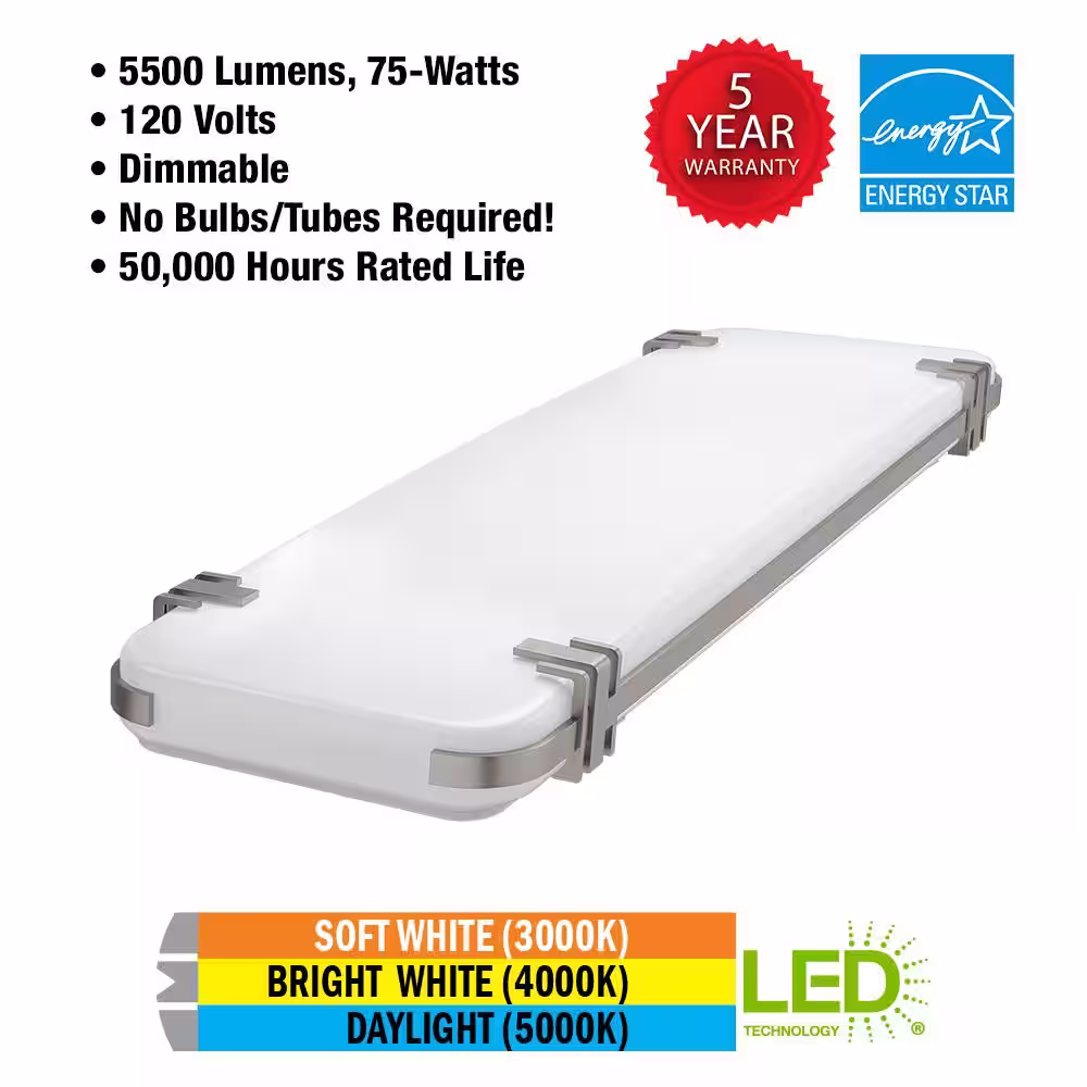 Commercial Electric Mission Industrial 48 in. x 15 in. Brushed Nickel Adjustable CCT LED Flush Mount Ceiling Light 5500 Lumens Dimmable