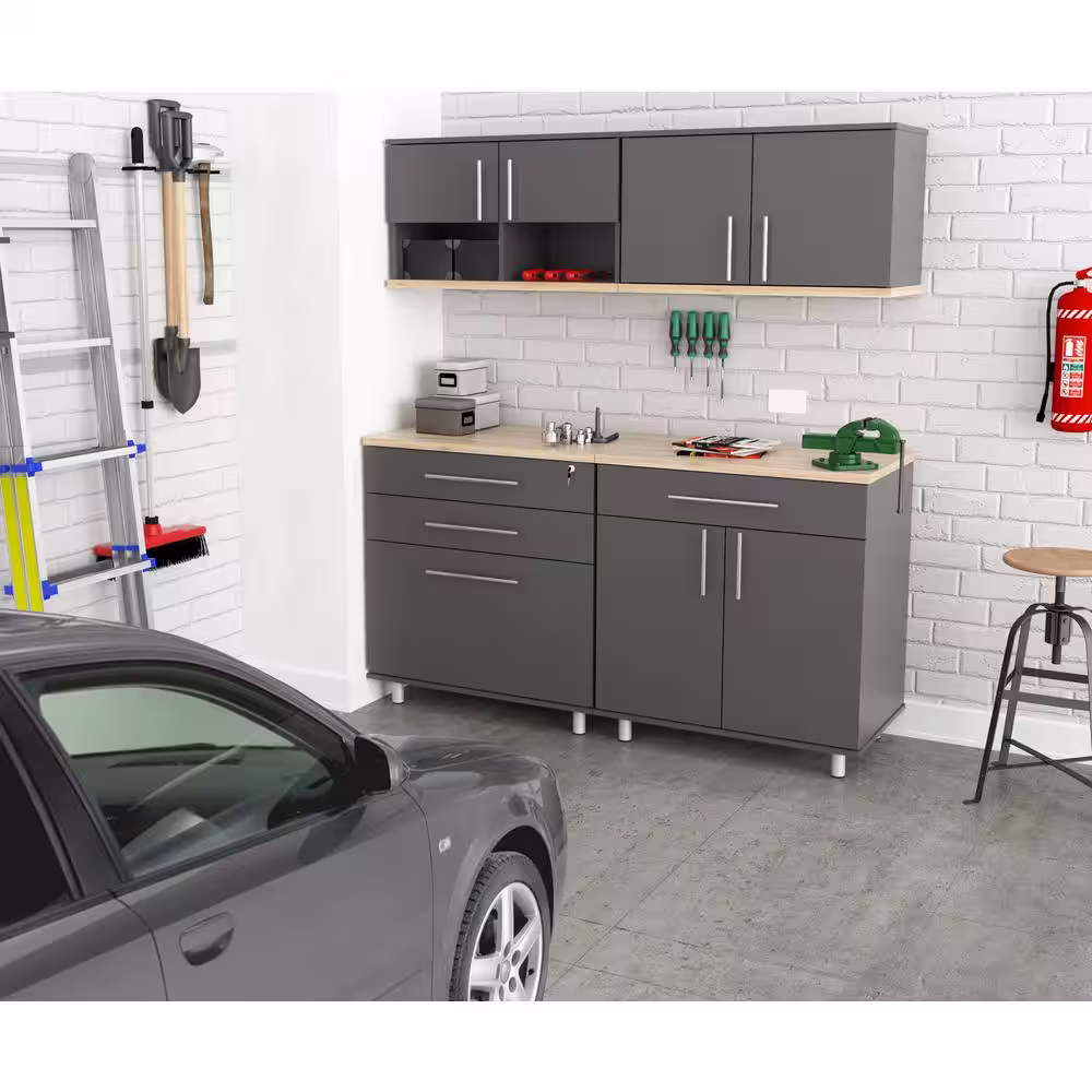 Inval KRATOS 4-Piece Garage Storage System in Dark Gray and Maple (63 in. W x 70.8 in. H x 19.6 in. D)