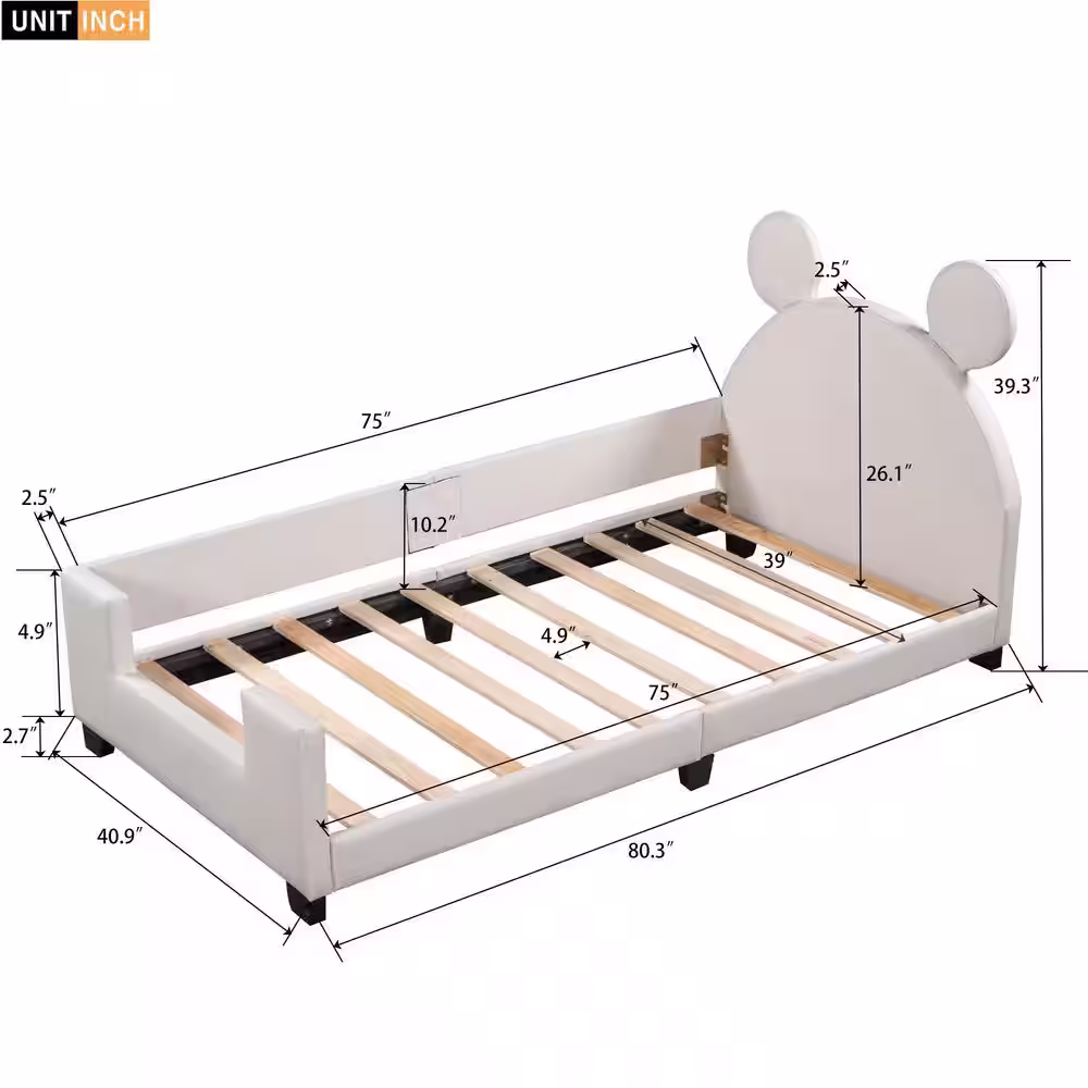 Harper & Bright Designs White Twin Size Upholstered Wooden Platform with Cartoon Ears Shaped Headboard