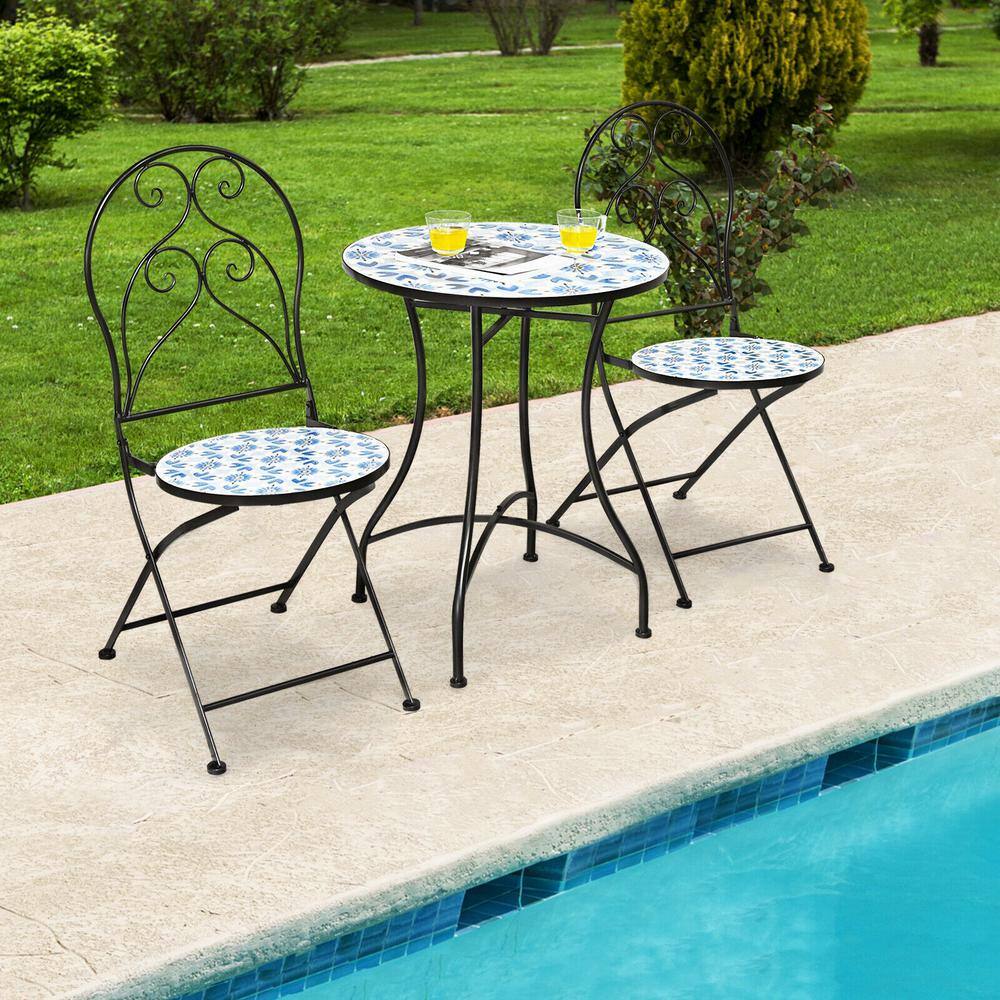 ANGELES HOME 3-Piece Mosaic Floral Pattern Metal Round Outdoor Bistro Set with Folding Chair, Blue