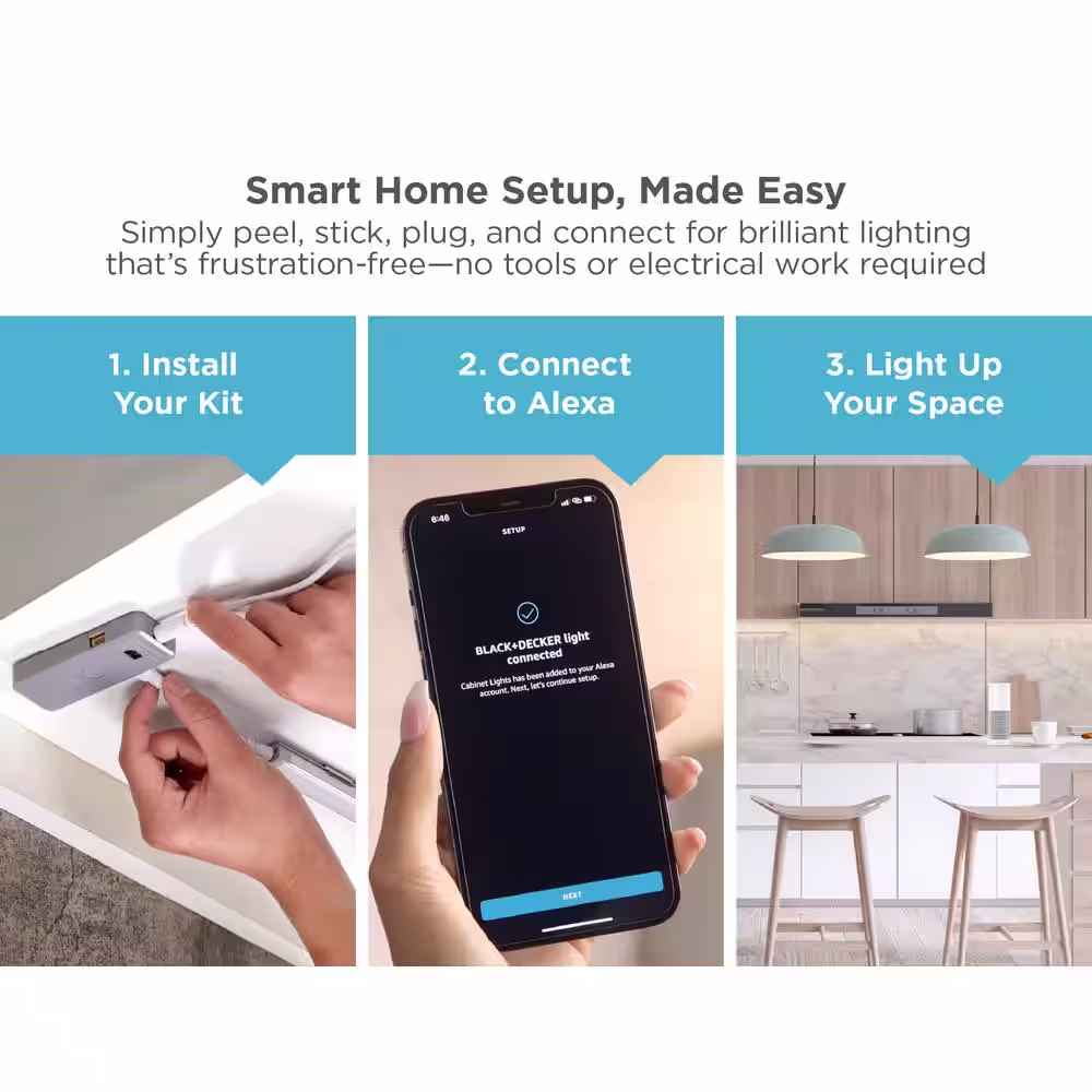 BLACK+DECKER 9 in. Works with Alexa Smart LED Under Cabinet Lighting Kit, Adjustable LEDs, 4-Bars A Certified for Humans Device