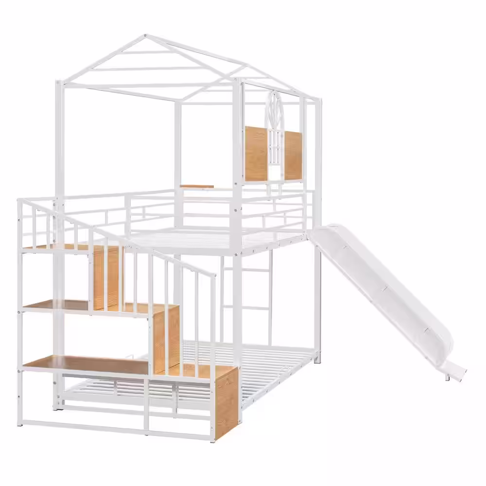 Harper & Bright Designs White Twin Over Twin Metal House Bunk Bed with White Slide, Storage Stair and Bedside Shelf