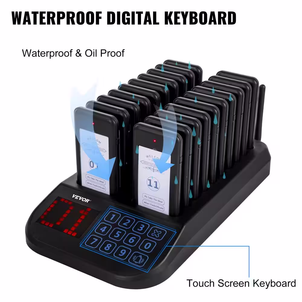 VEVOR F103 Wireless Calling System 20 Pagers Max 98 Channel Touch Keyboard Restaurant Pager System for Church, Hospital, Hotel