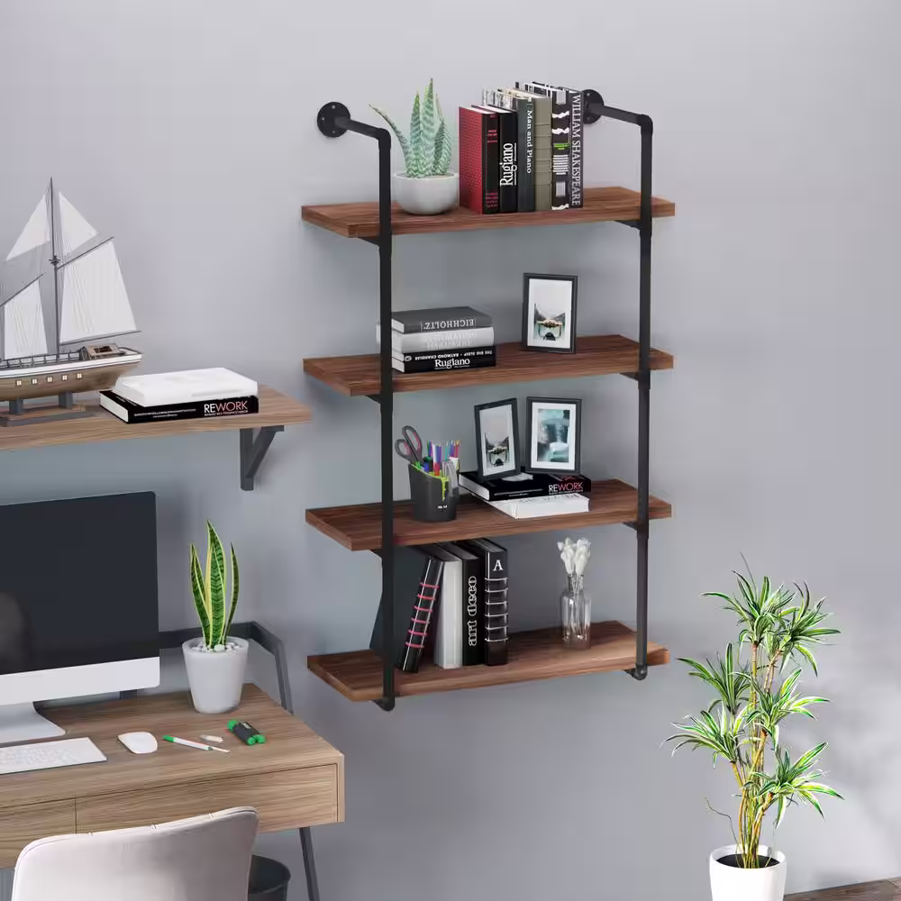 HOMCOM Modern 1.25 in. Rustic Brown 4-Tier Industrial Pipe Shelves Floating Wall Mounted Bookshelf Metal Frame Display Rack