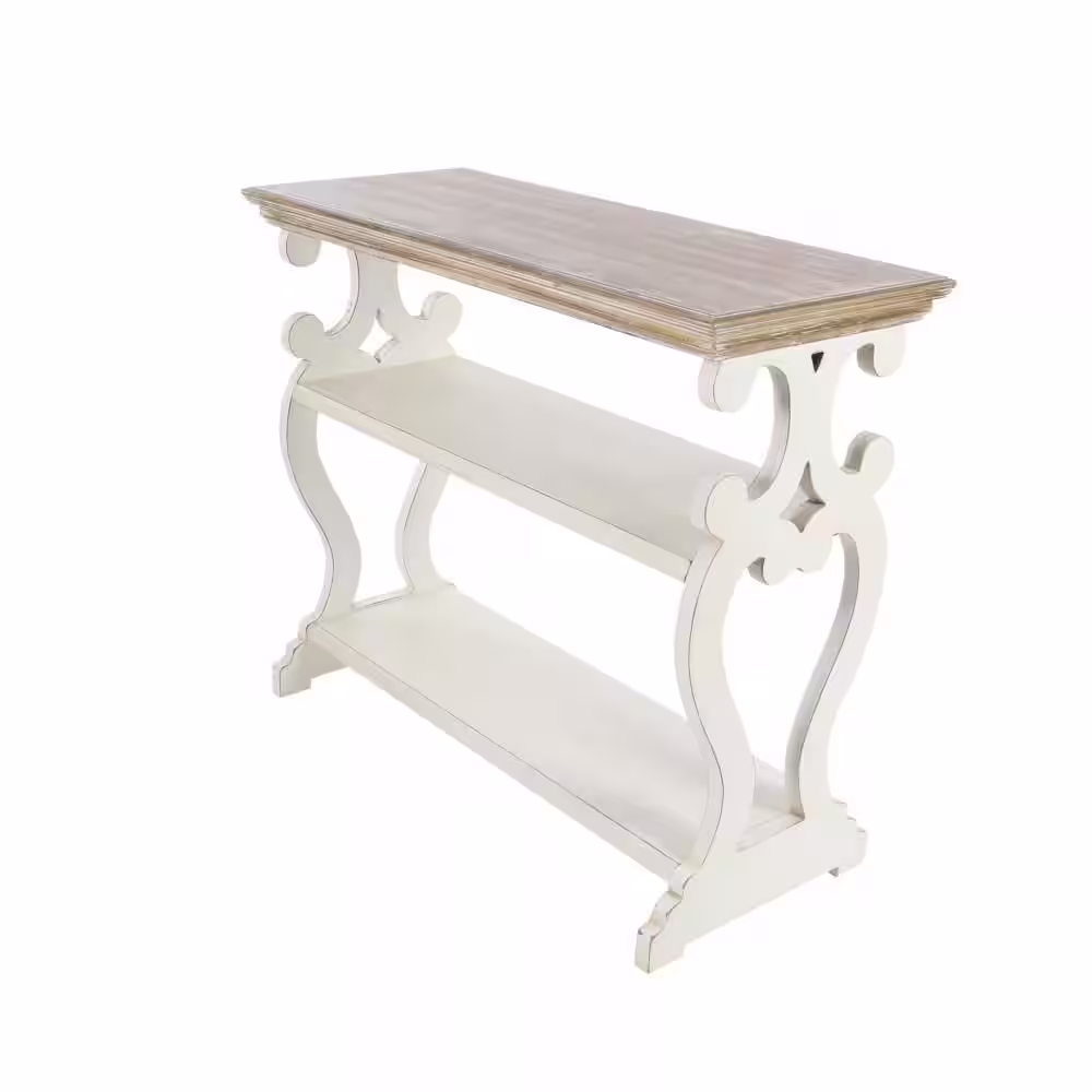 Litton Lane 38 in. White Extra Large Rectangle Wood Scroll Side Frames 2 Shelf Console Table with Brown Wood Top