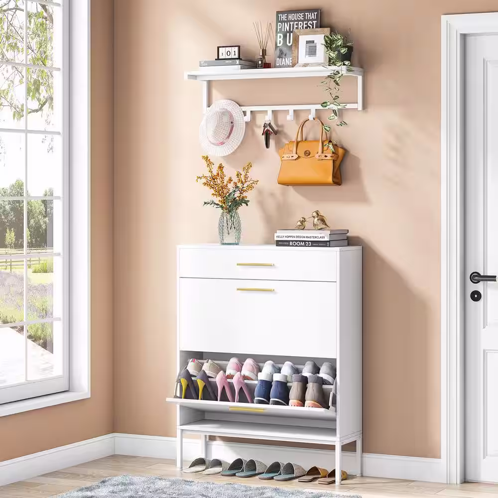 Tribesigns Sabina 43.3 in. H x 9.4 in. W X 31.5 in. D White Shoe Storage Cabinet with 2 Flip Drawers and Wall Shelf
