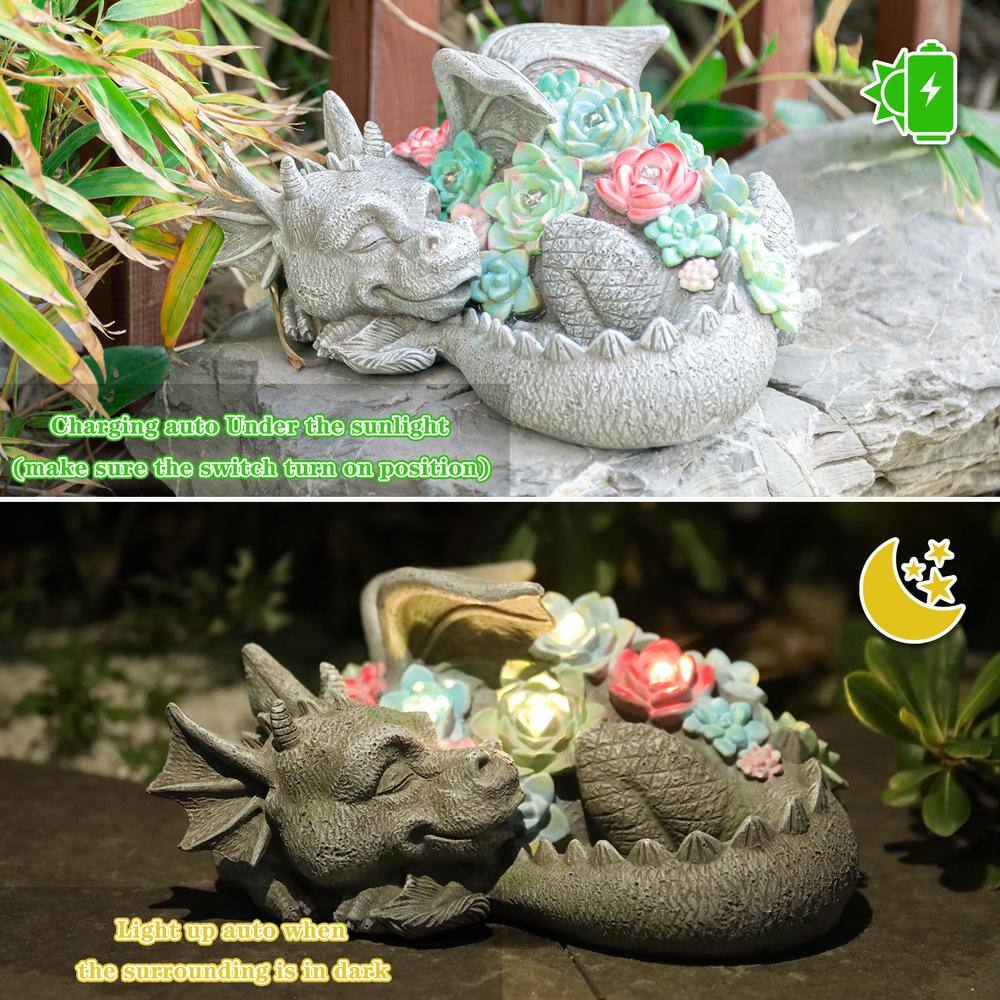None 9.5 in. L Dragon Sculpture Outdoor Decor for Garden, Sleeping Dragon Statue with Solar LED Lights