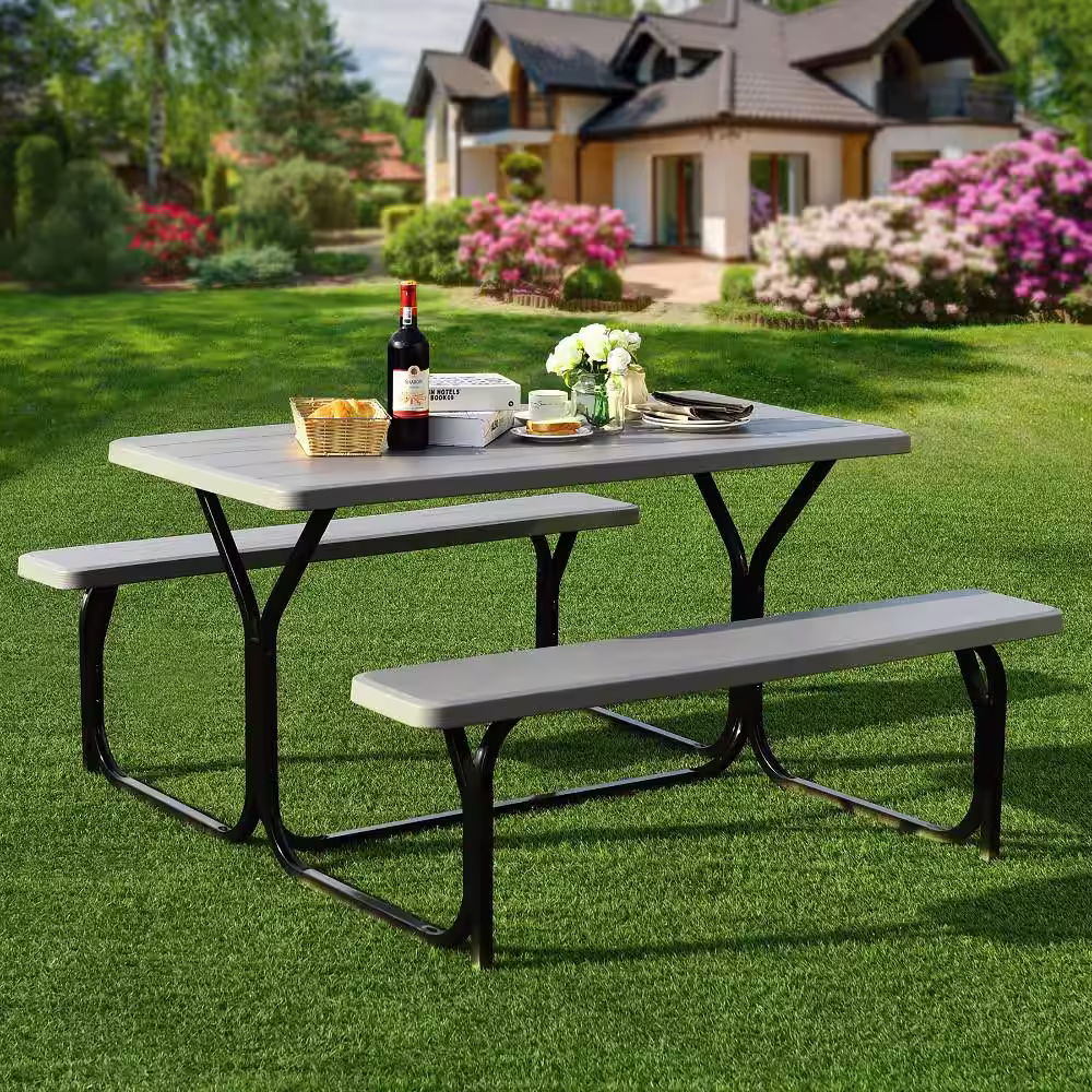 Costway Gray Rectangle Metal Picnic Table Bench Set with Extension