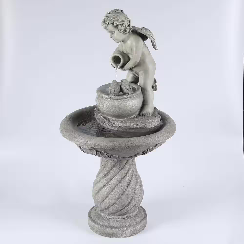 LuxenHome Gray Resin Cherub Birdbath Outdoor Patio Cascade Fountain
