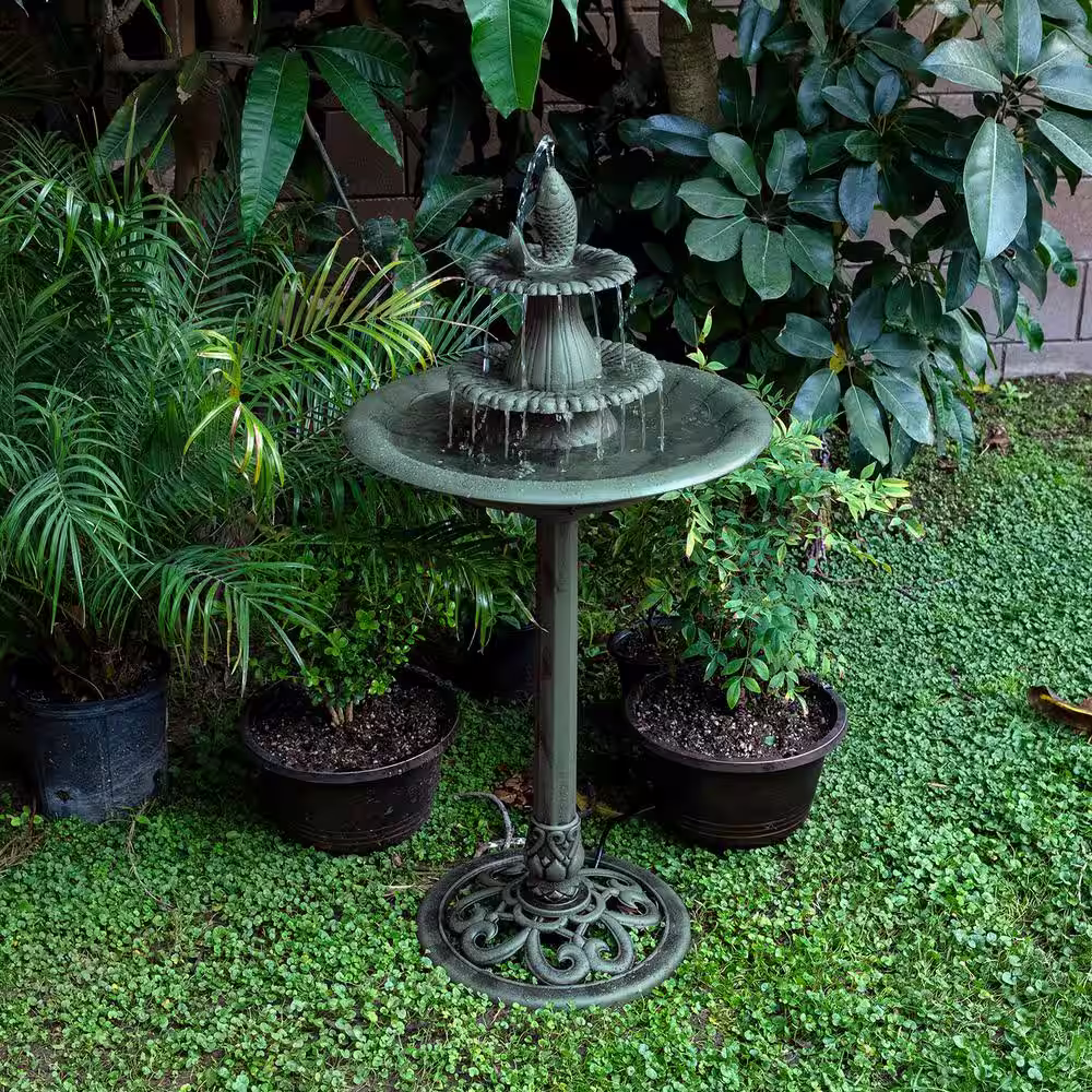 Alpine Corporation 40 in. Tall Outdoor 3-Tiered Pedestal Water Birdbath with Fish Design Floor Fountain, Green