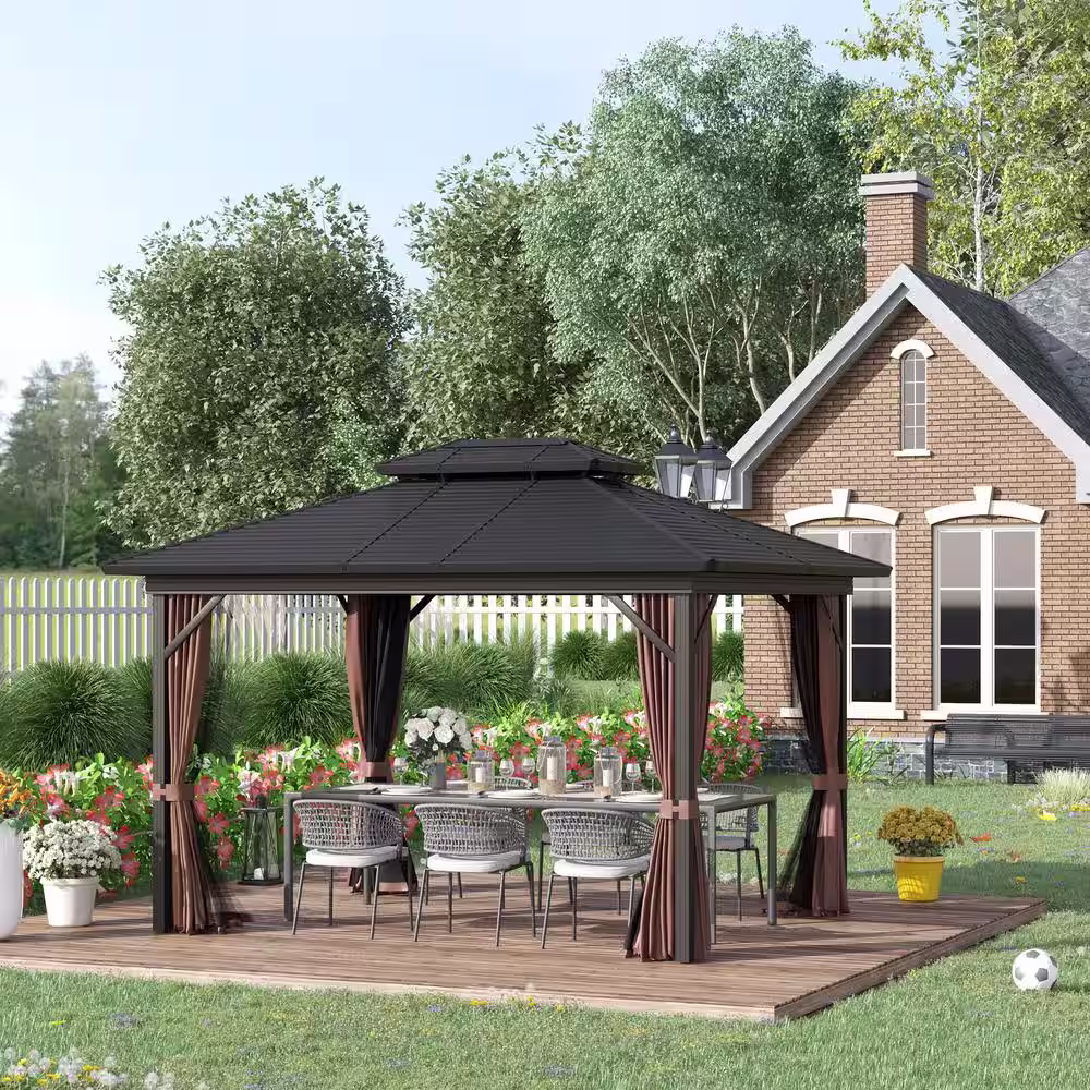 Outsunny 12 ft. x 10 ft. 2-Tier Patio Gazebo Canopy with Breathable Mesh Netting and Privacy Sidewalls, Black and Dark Brown