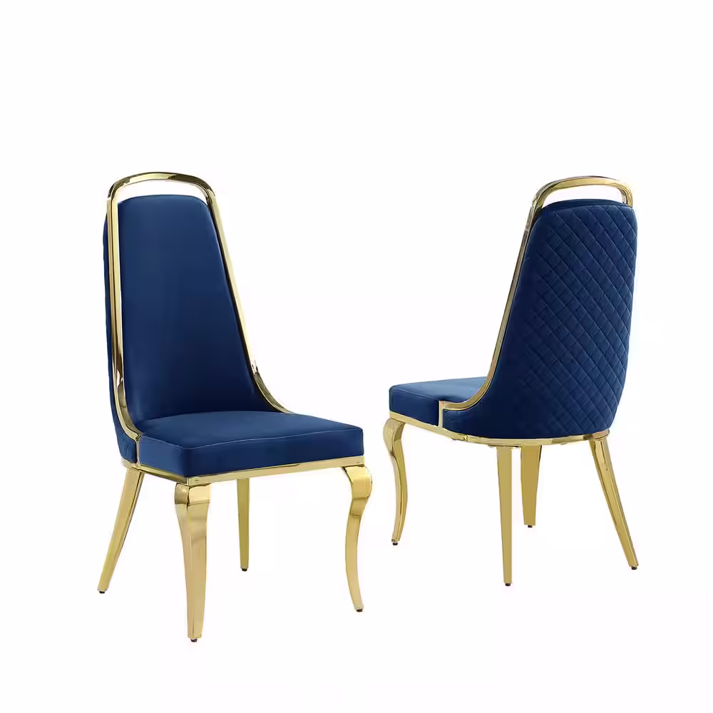 None Ricky's Navy Blue Velvet Fabric Gold Legs Dining Chairs Set of 2