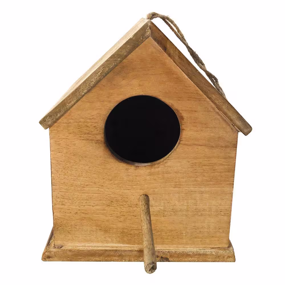 The Urban Port Distressed Brown Hut Shape Decorative Mango Wood Hanging Bird House with Engraved Details