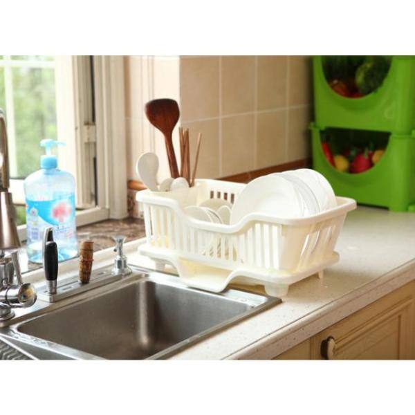 Basicwise 17.5 in. W x 12.5 in. D x 7.5 in. H Plastic Dish Rack with Drain Board and Utensil Cup