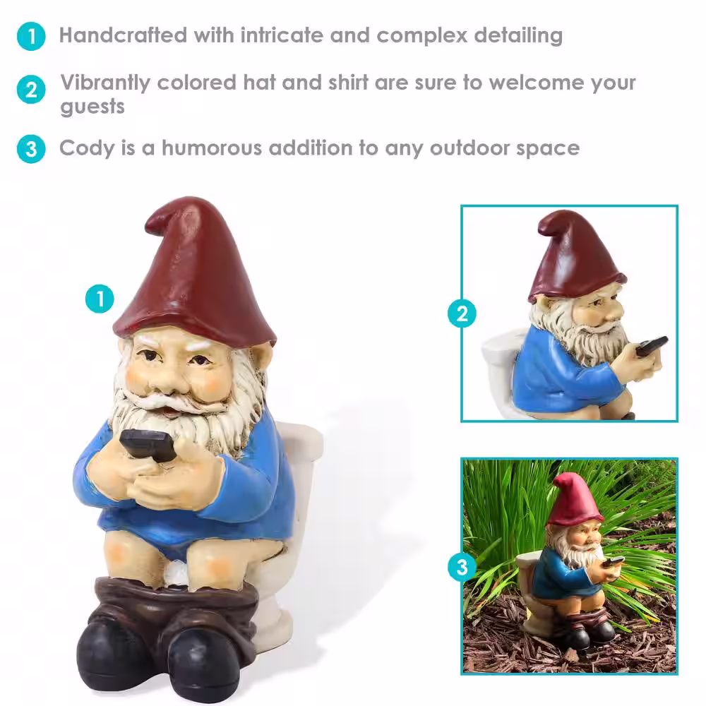 Sunnydaze Decor 9.5 in. Cody the Gnome Reading Phone on The Throne Garden Statue