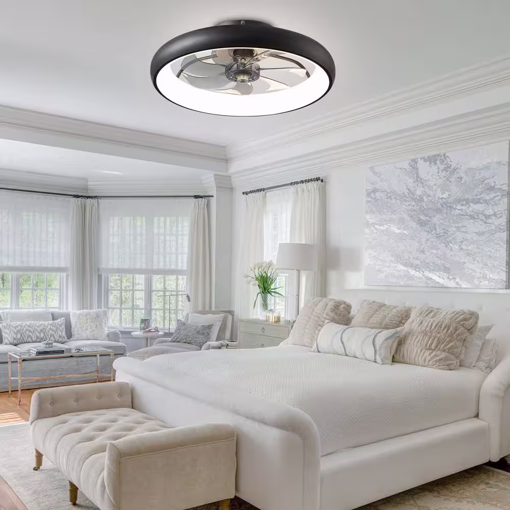 None 20 in. Integrated LED Indoor Black Flush Mount Dimmable Ceiling Fan with Light APP and Remote Control