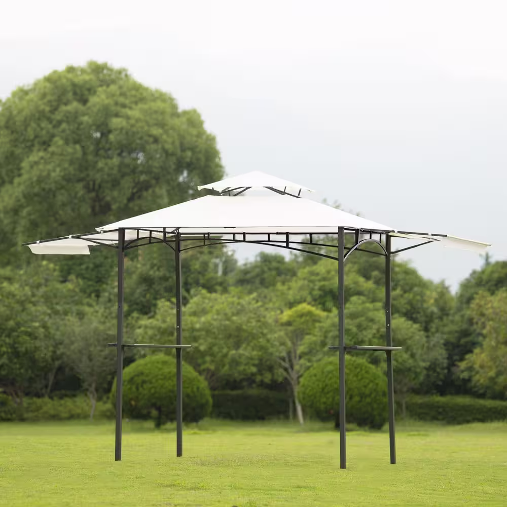 Tunearary 13 ft. x 4.5 ft. Iron Backyard BBQ Grill White Gazebo with Bar Counters Extendable Shades