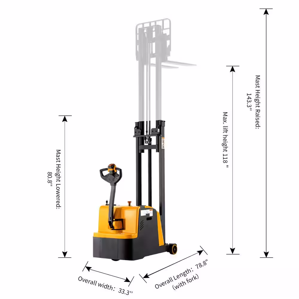 None 1100 lbs. Counterbalanced Electric Stacker Powered forklift Truck 118 in. Lifting with Adjustable Forged Forks