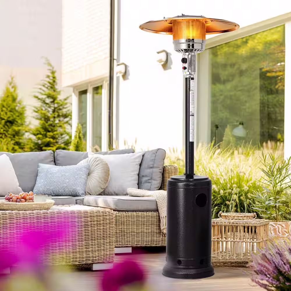 None 48,000 BTU Matte Black Stainless Steel Propane Patio Heater with Wheels