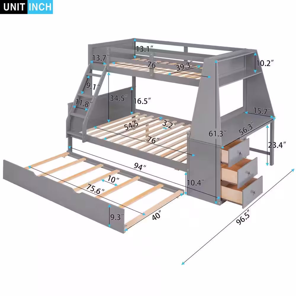 Harper & Bright Designs Gray Twin Over Full Wood Bunk Bed with Built-in Desk and Trundle