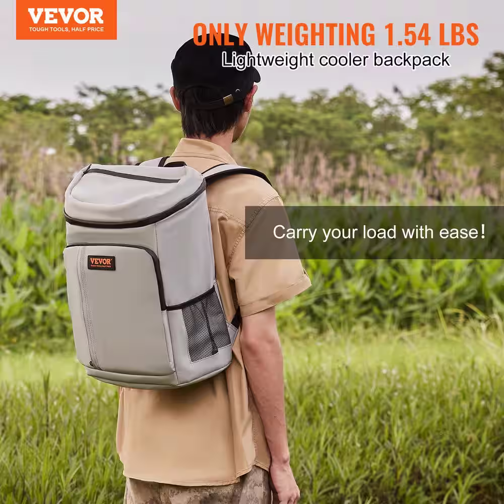 VEVOR Cooler Backpack, 28 Cans Backpack Cooler Leakproof, Waterproof Insulated Backpack Cooler for Hiking, Camping, BBQ, Grey