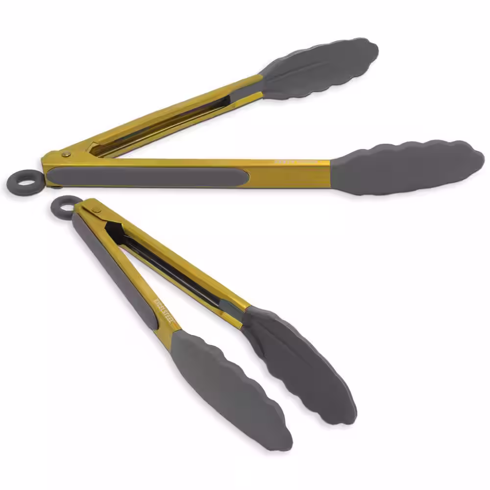 ExcelSteel 9 in. / 12 in. S/S Gold Plated Grey Silicone Tong W/Stay Cool Handle