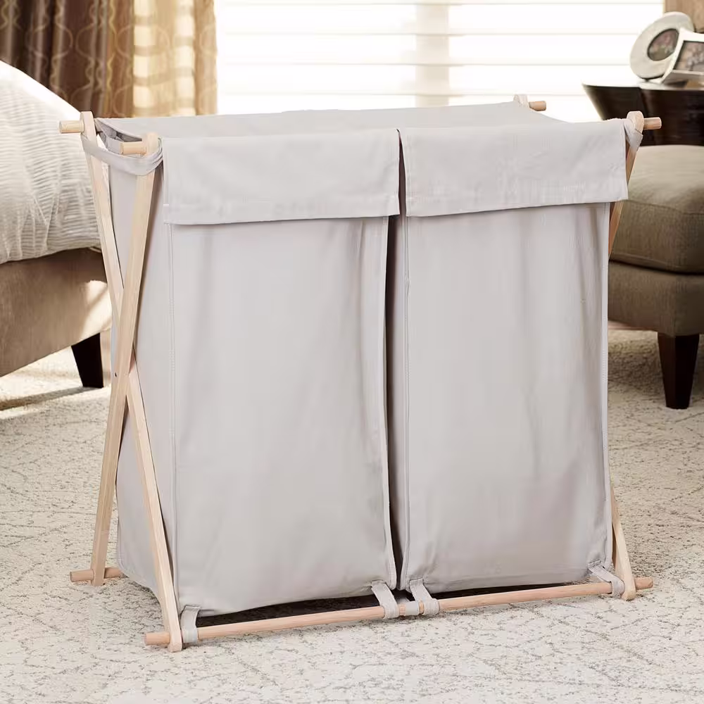 HOUSEHOLD ESSENTIALS Natural and Gray, Collapsible, Polycotton Canvas, X-Frame Wood Laundry Sorter, Double Washable Bags