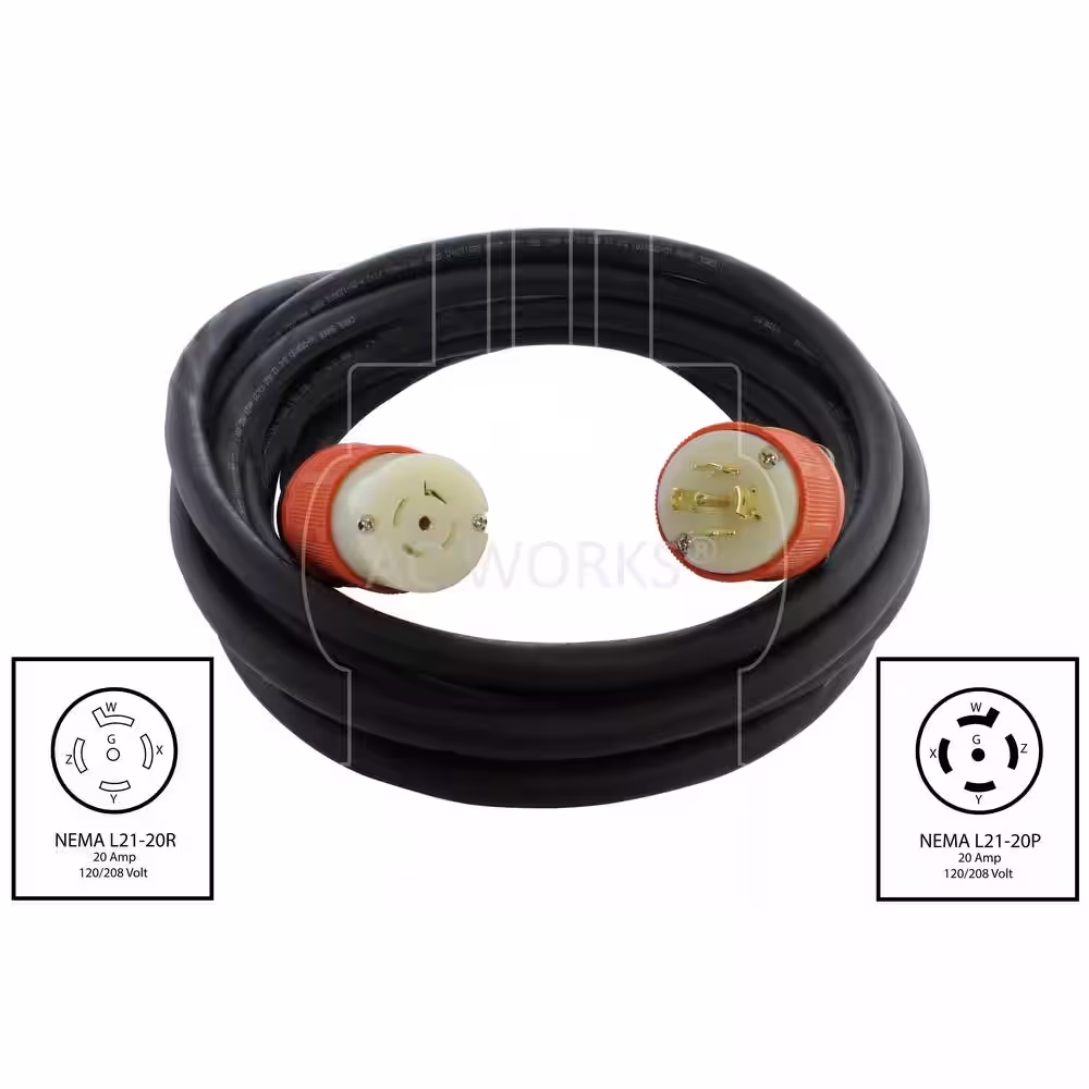 AC WORKS 100 ft. SOOW 12/5 NEMA L21-20 20 Amp 3-Phase 120/208V Industrial Rubber Extension Cord