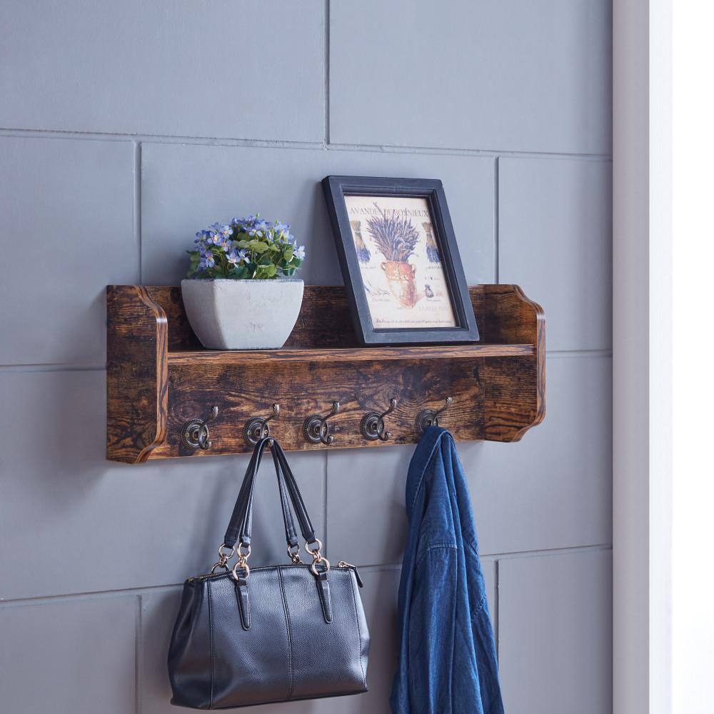 DANYA B Rustic Aged Wood Print MDF Utility Floating Wall Shelf with Hooks