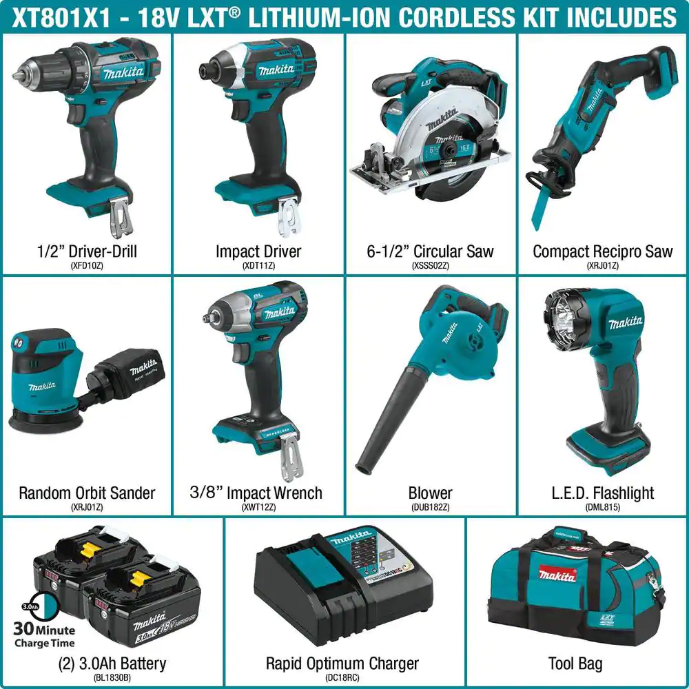 Makita 18V LXT Lithium-Ion 8-Piece Kit Drill/ Impact Drvr/ Circ Saw/ Recip Saw/ Sander/ Impact Wrench/ Blower/ Light 3. 0Ah