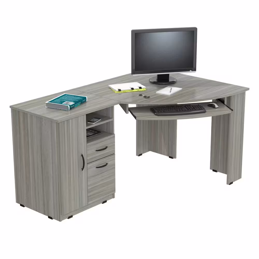 Inval 59.45 in. Smoke Oak Corner 2 -Drawer Computer Desk with Keyboard Tray