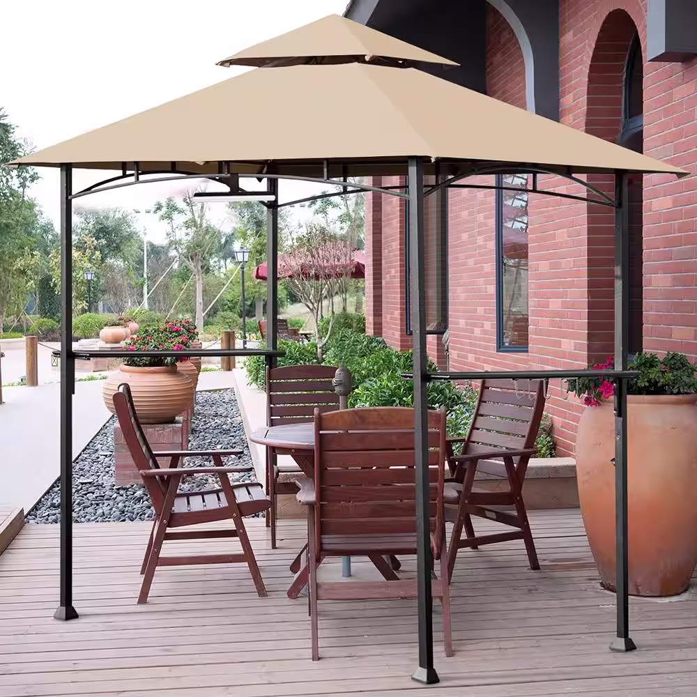 HONEY JOY 8 ft. x 5 ft. Khaki Outdoor Patio Barbecue Grill Gazebo 2-Tier BBQ Tent with LED Lights