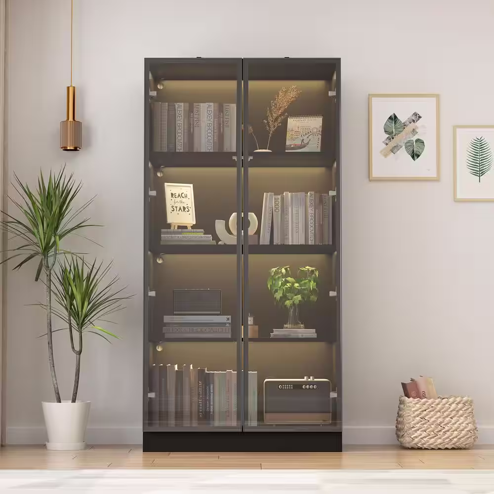 None Black Wood Storage Cabinet Display Cabinet With Tempered Glass Doors, 3-Color LED Lights and Aluminum Framed