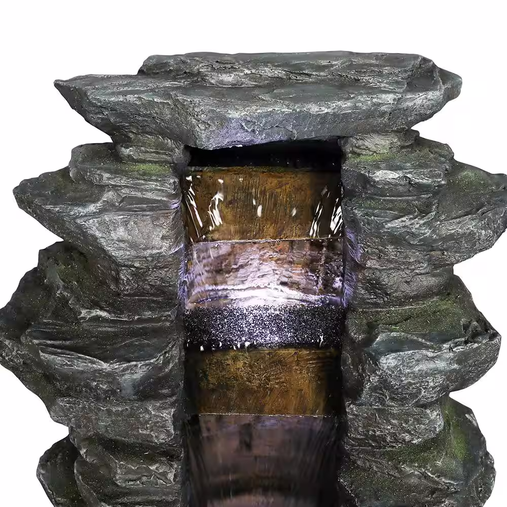 None 31 in. Rockery Shower Outdoor Fountain, Resin Waterfall Fountain Outdoor Outdoor Water Fountains with LED Light