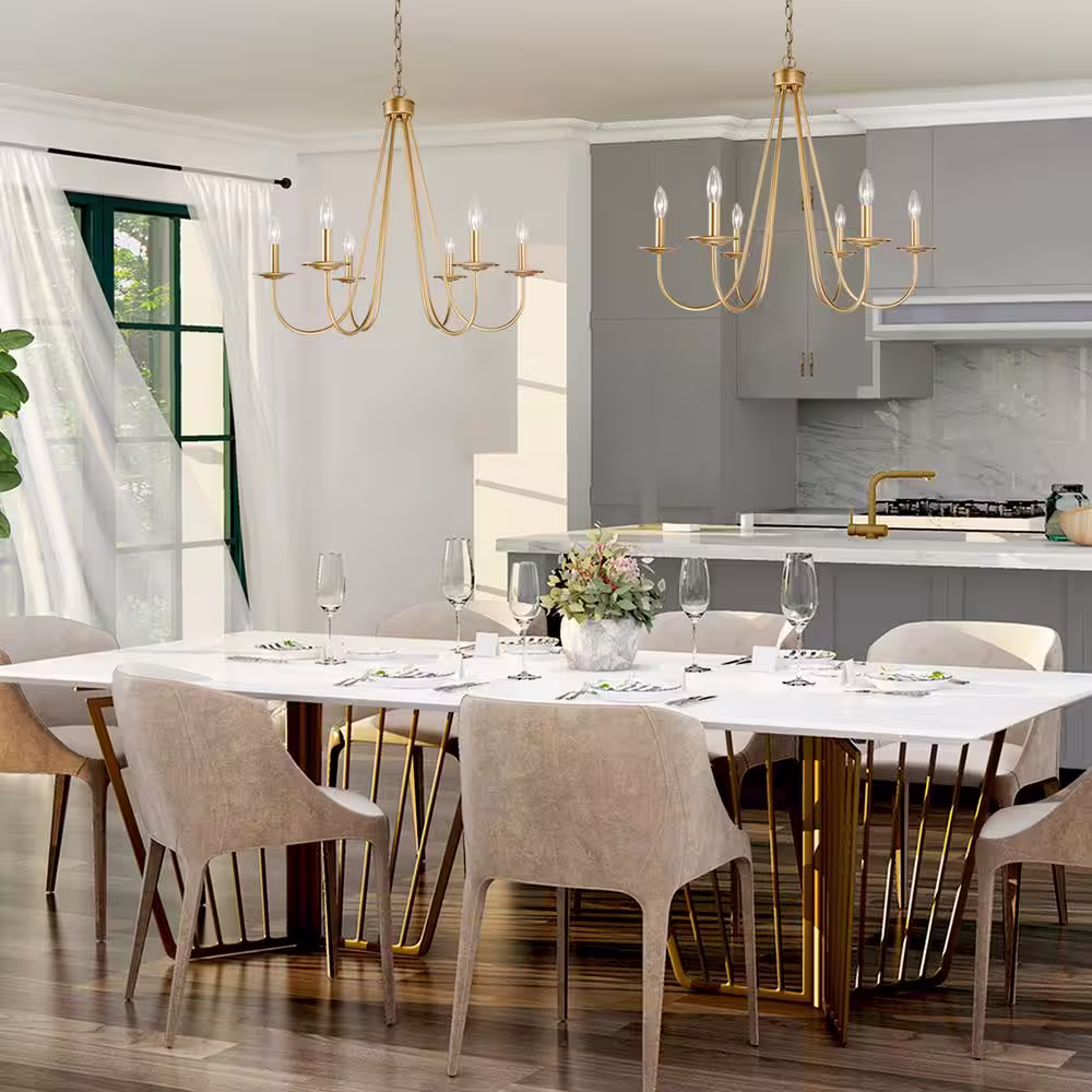 Uolfin Mid-Century Candlestick Dining Room Chandelier 28 in. 6-Light Brass Gold Modern Chandelier for Living Room