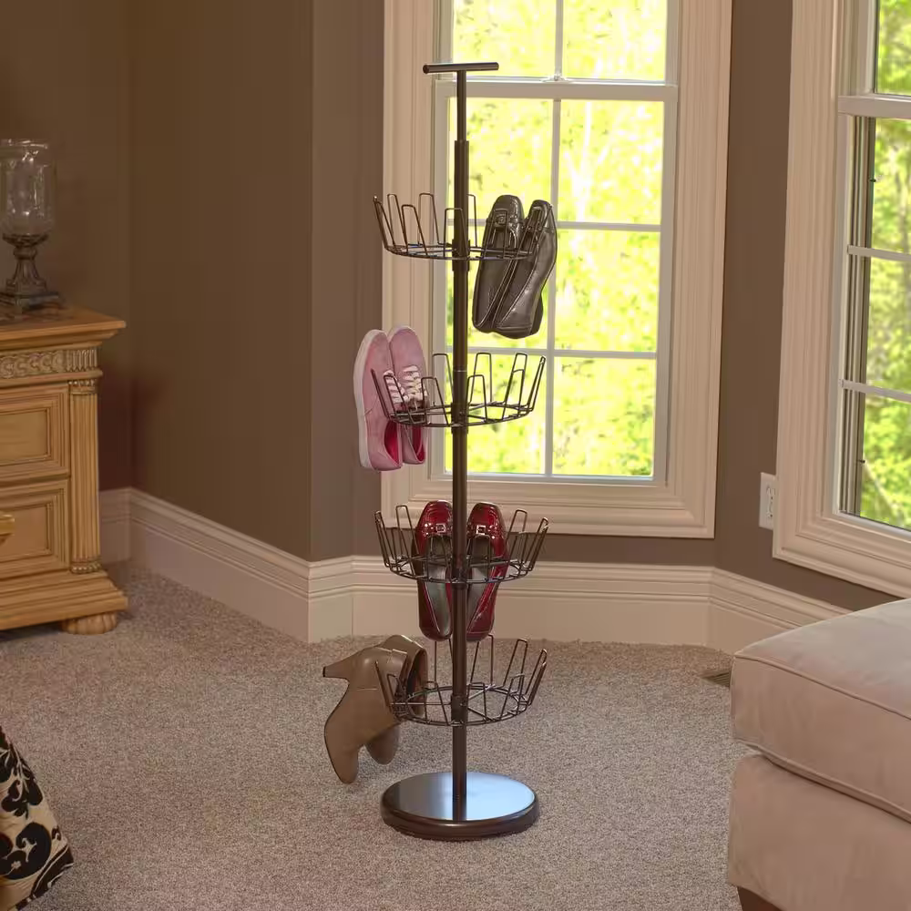 HOUSEHOLD ESSENTIALS 52.75 in. H x 12 in. W, 24-Pair, 4-Tier Metal, Revolving Shoe Rack in Bronze