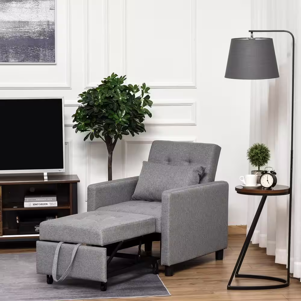 HOMCOM 27.25 in. in Grey Polyester Cotton Single Rectangle Sofa Bed with Adjustable Recliner and Pillow