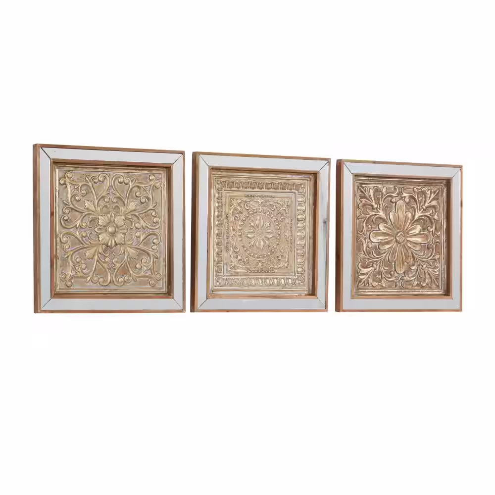 Litton Lane Metal Gold Embossed Floral Wall Decor with Mirror Panels (Set of 3)