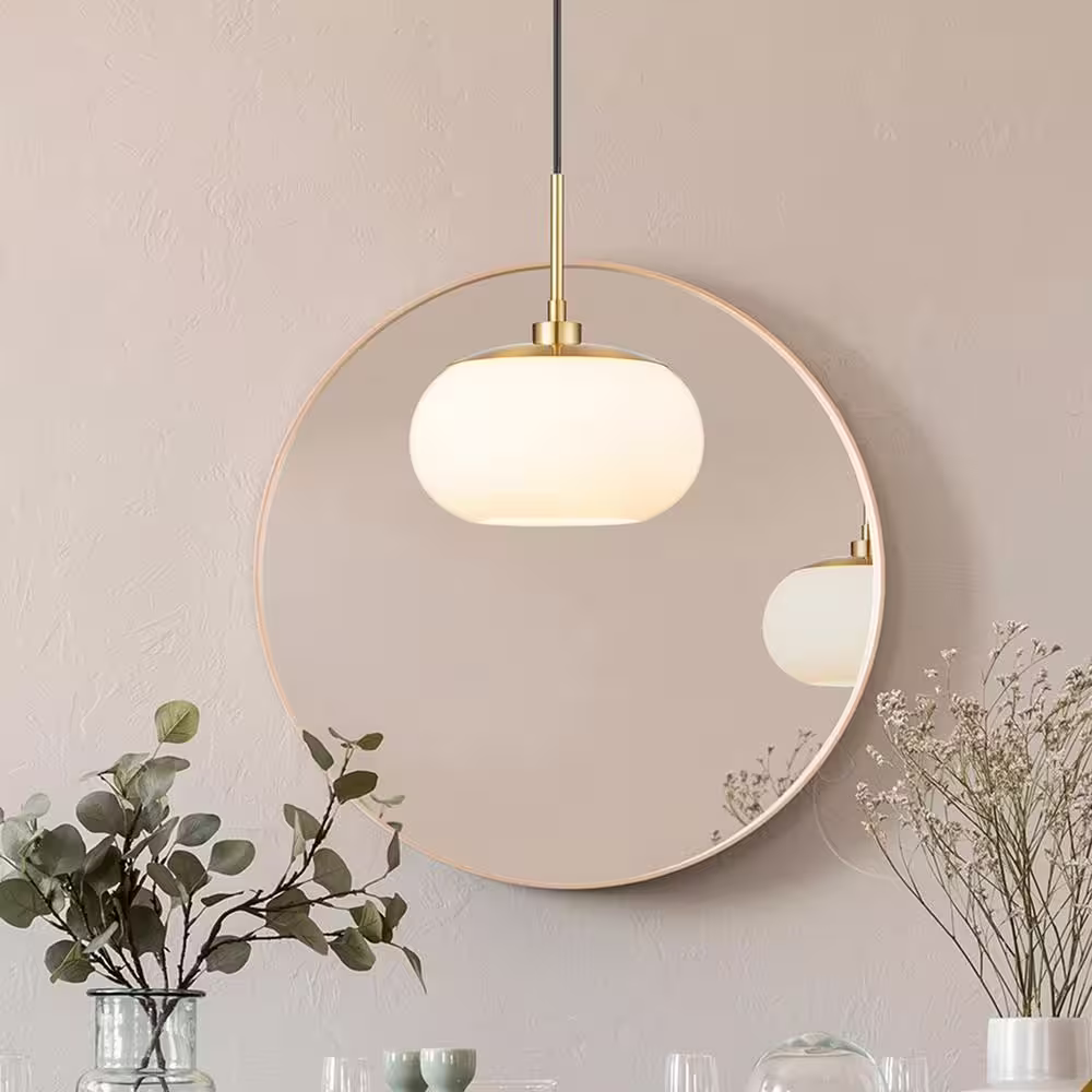 KAWOTI 1-Light Opal Glass Pendant Light in Antique Brass Finish