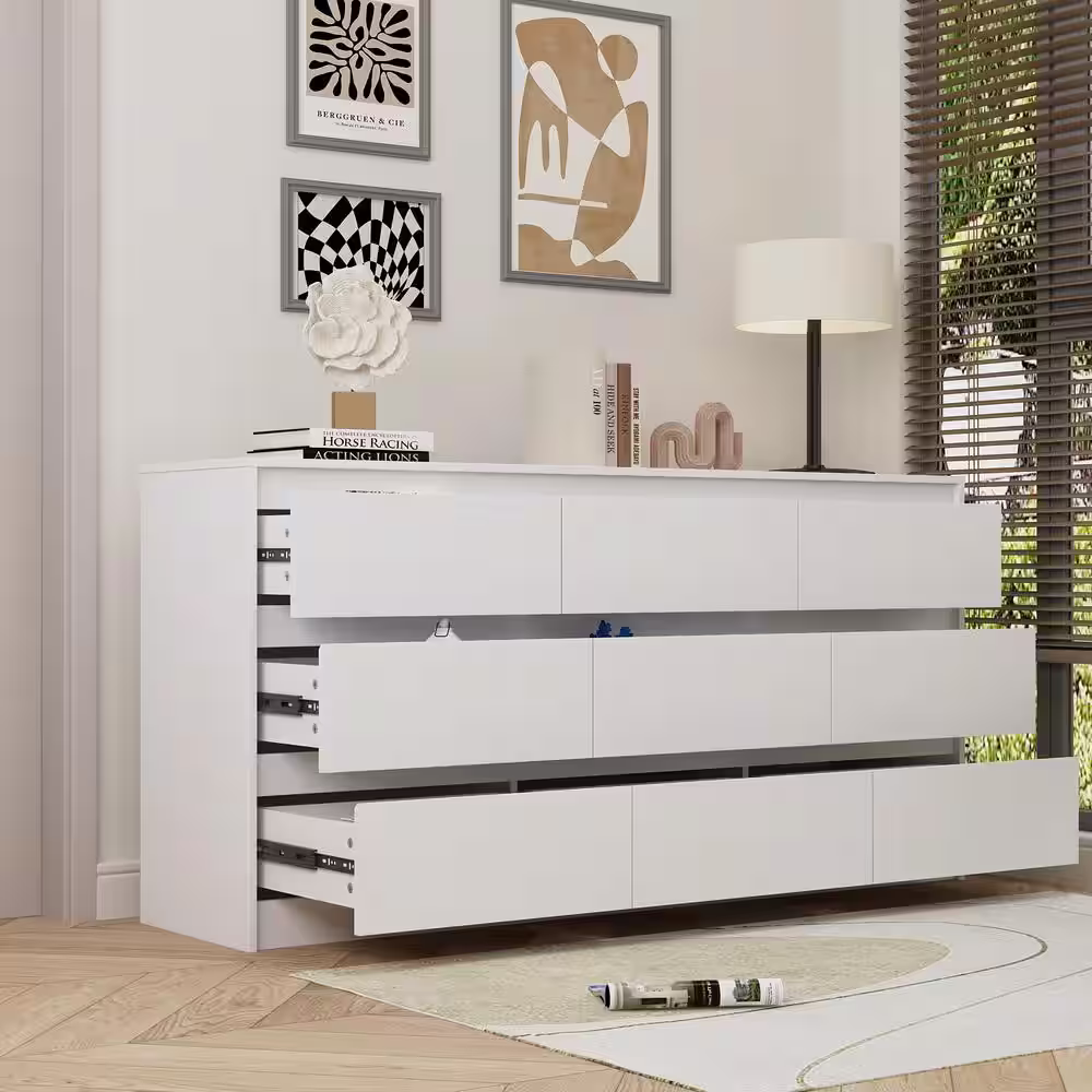None White 9-Drawer Wood Chest of Drawers 31.5 in. H x 63 in. W x 15.7 in. D Dresser Storage Cabinet