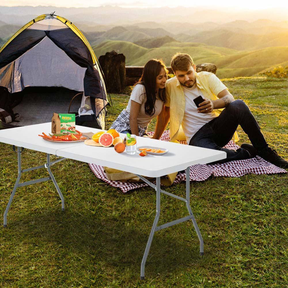 None White Metal Portable Folding Outdoor Picnic Table with Carrying Handle