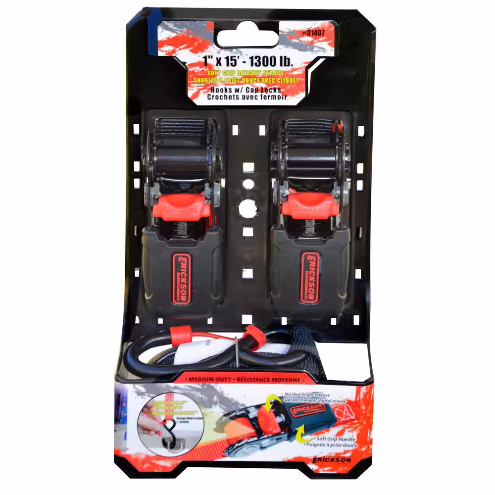 Erickson 15 ft. x 1 in. Ratchet Straps with Cap Locks (2-Pack)