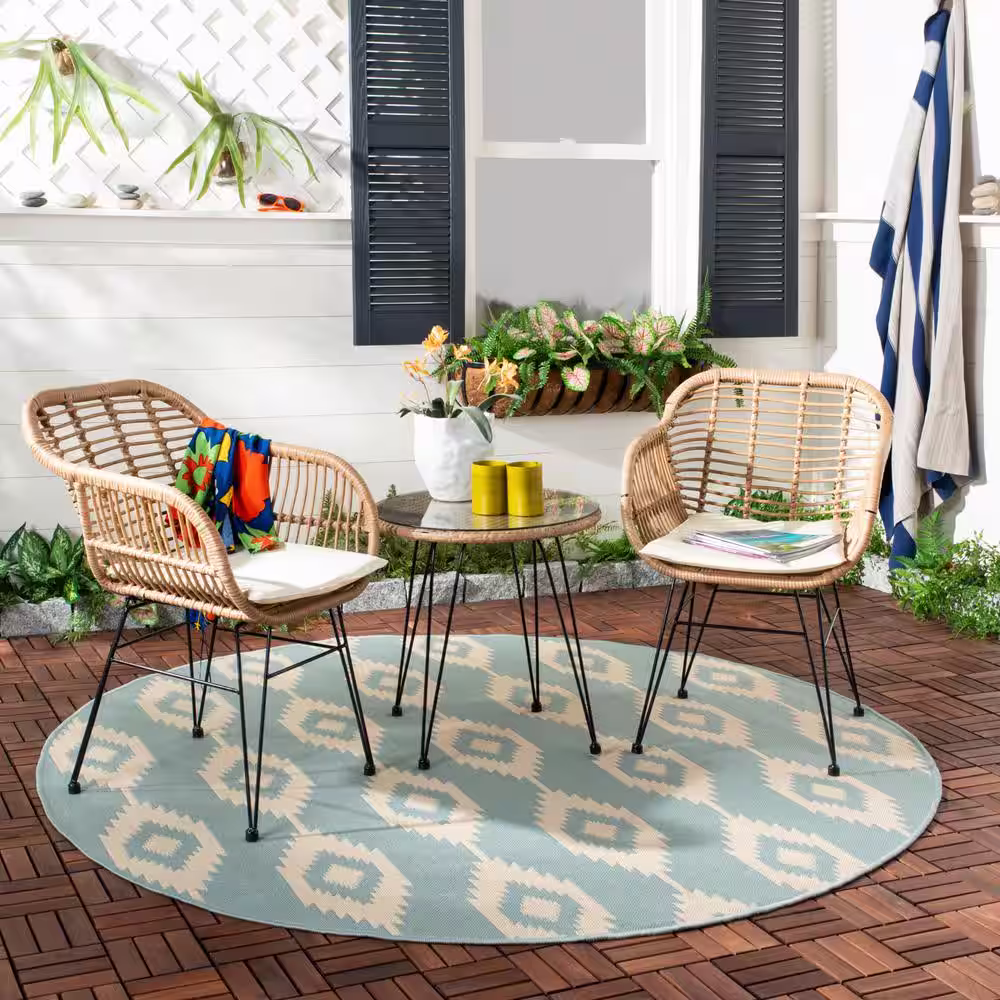 SAFAVIEH Alton Light Brown 3-Piece Wicker Outdoor Bistro Set with White Cushions