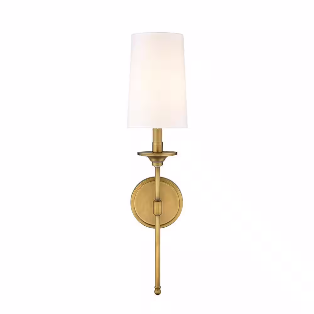 None Emily 5.5 in. 1-Light Rubbed Brass Wall Sconce with Off White Cloth Cover Shade