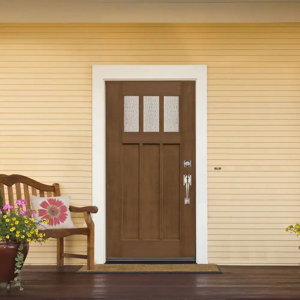 MP Doors 36 in. x 80 in. Medium Oak Left-Hand Inswing 3 Lite Water Wave Craftsman Stained Fiberglass Prehung Front Door