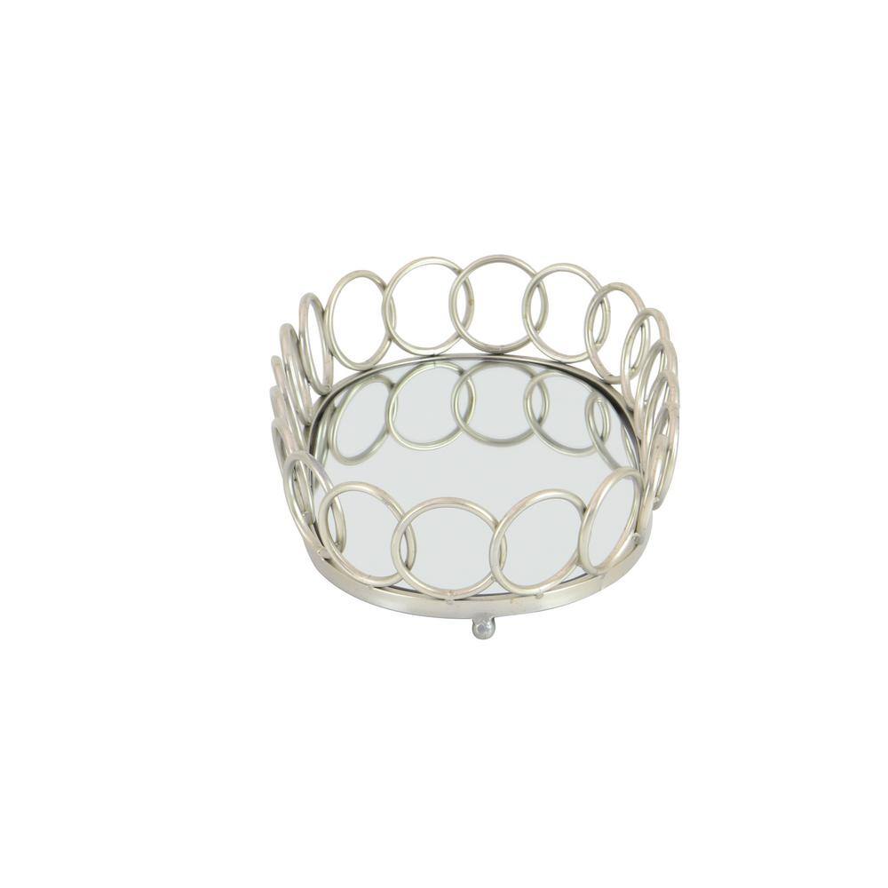 Litton Lane Silver Metal Mirrored Geometric Decorative Tray with Circle Patterned Sides (Set of 2)