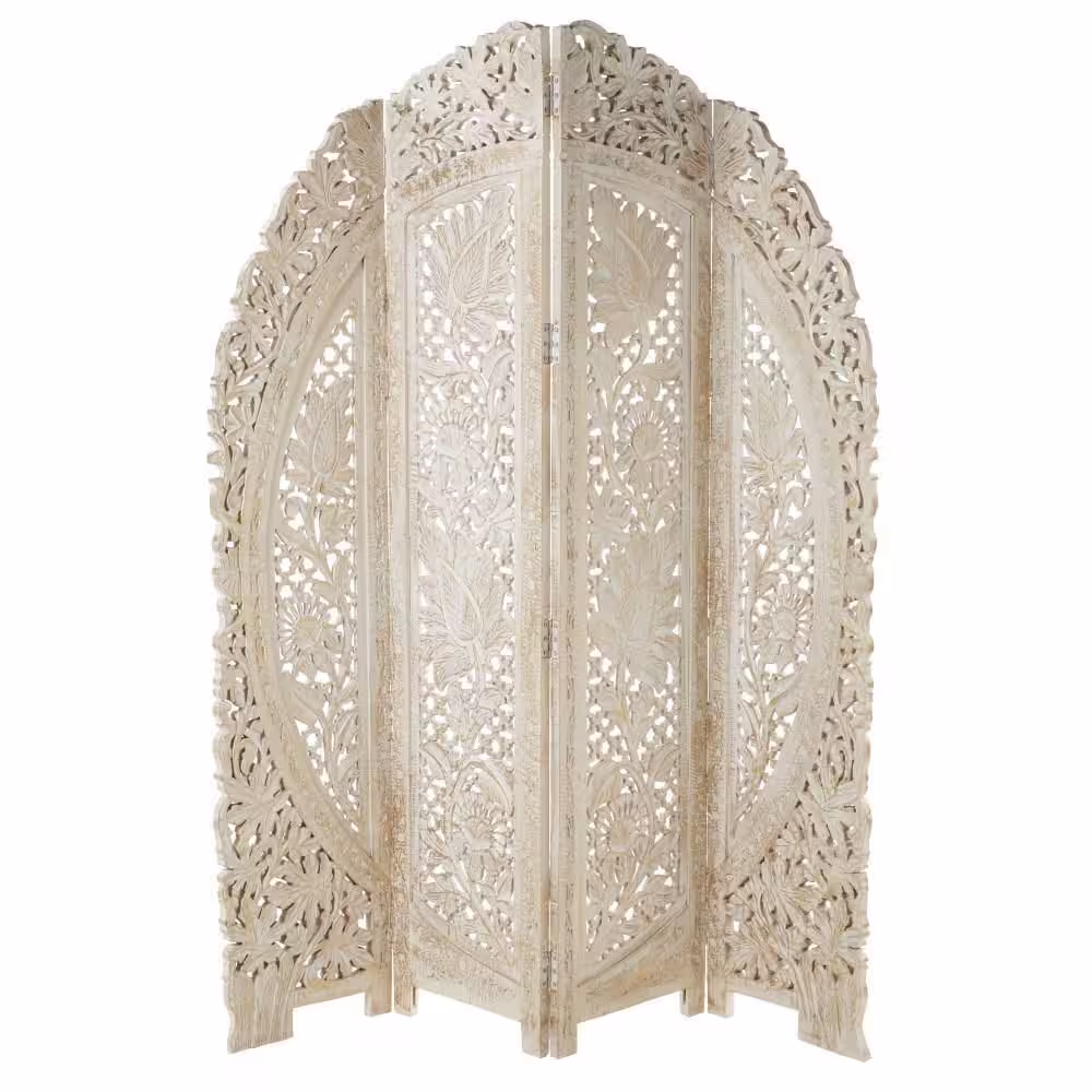Litton Lane 6 ft. White 4 Panel Floral Handmade Foldable Arched Partition Room Divider Screen with Intricately Carved Designs